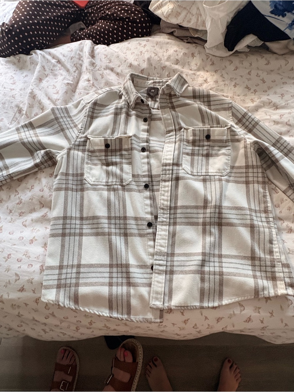 H&M Cream and Brown Plaid Button-Up Shacket
